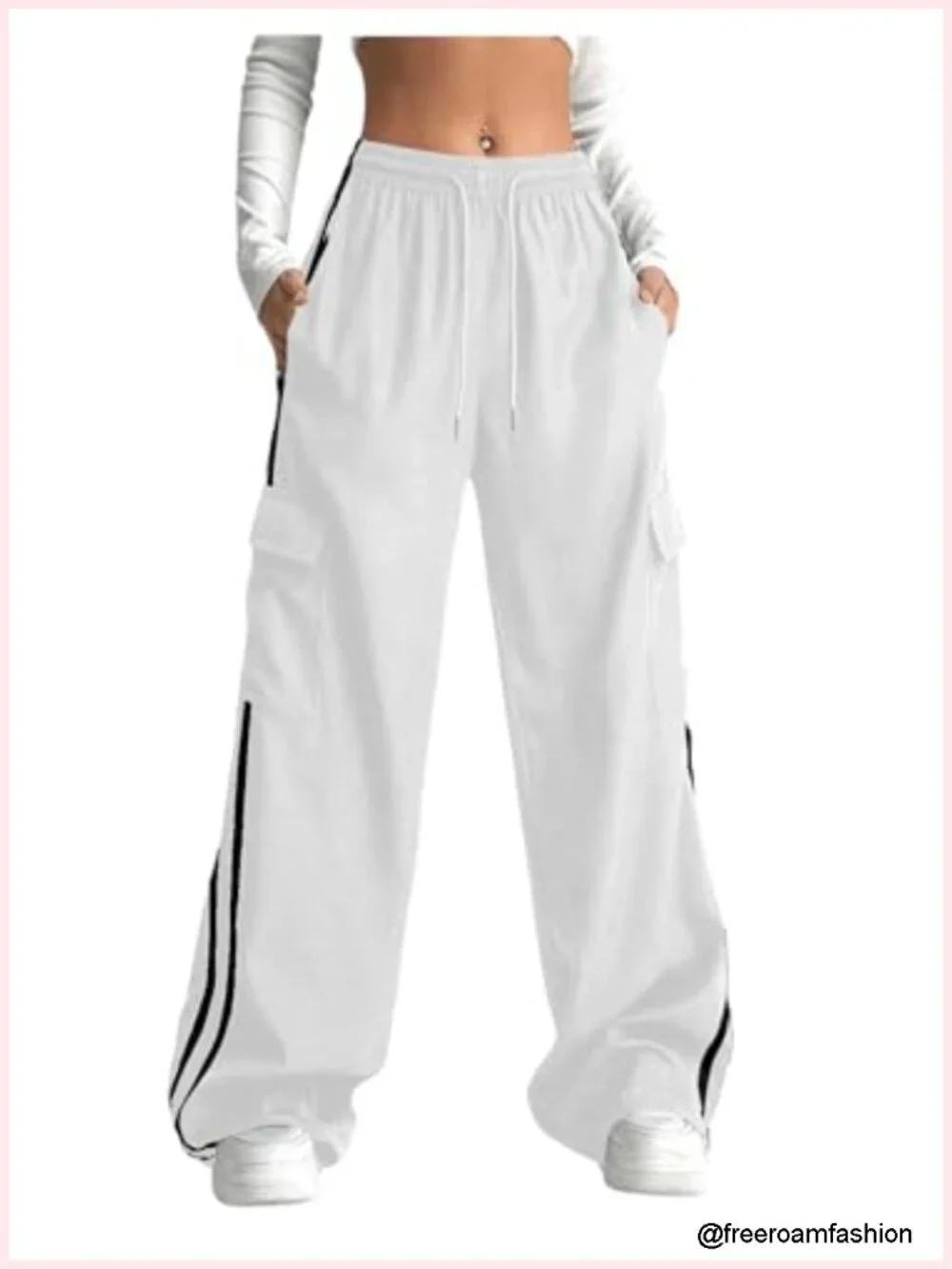 Cargo Pants Baggy Wide Leg Drawstring Waist Striped Track Pants with Pockets